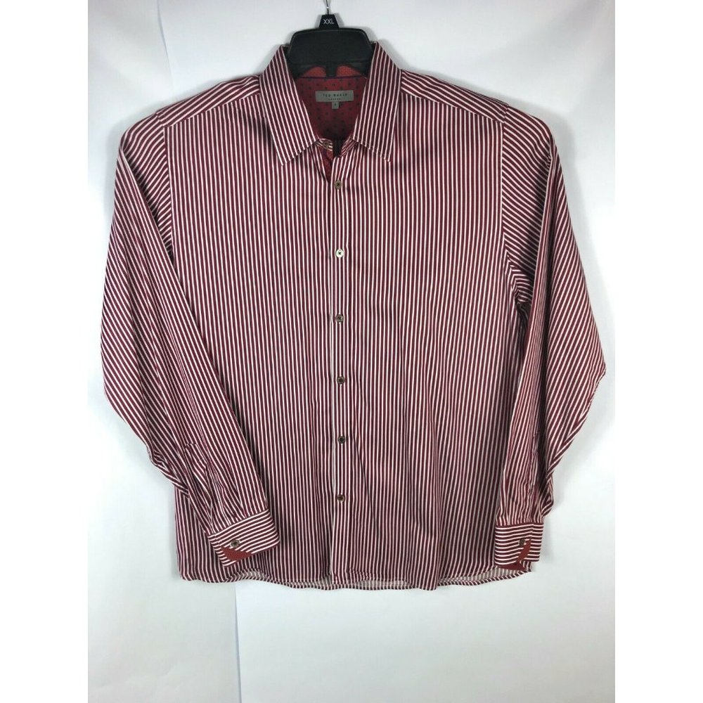 Ted Baker Men's Size 5 Marron White Strip Long Sleeve Cotton Blend Button Up A4